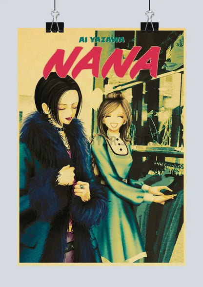 Vintage-style kraft poster set featuring anime nana characters in stylish coats with nostalgic japan anime design