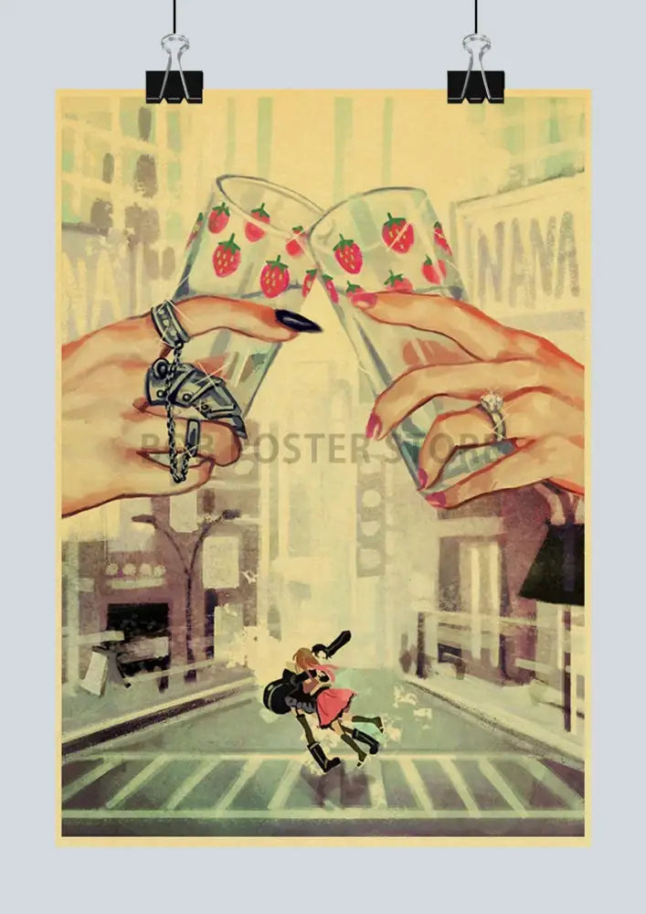 Vintage-style kraft poster featuring two hands toasting with strawberry glasses against a japan anime nana cityscape backdrop