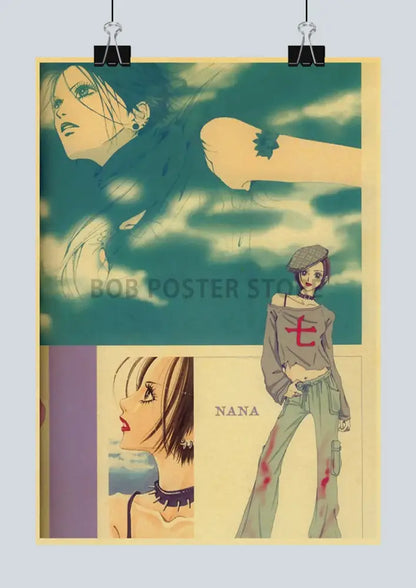 Vintage-style DecorBites™ nostalgic japan anime NANA kraft poster set with stylized teal beige and red illustrations