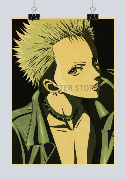 Yellow and green stylized anime nana poster featuring spiky-haired character with spiked choker from nostalgic japan anime set