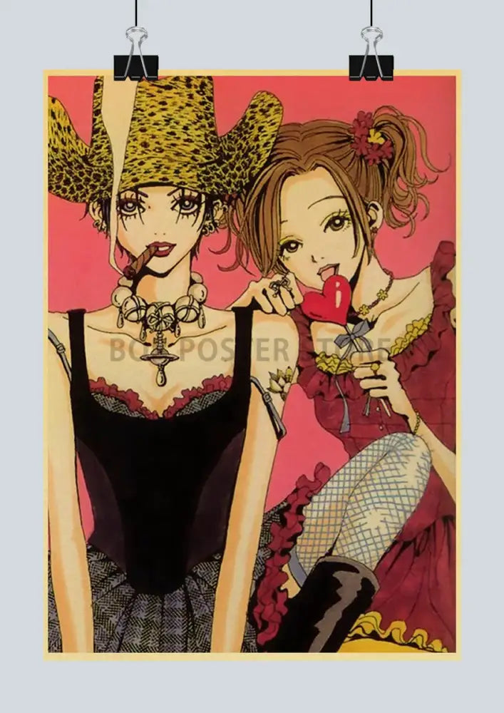 A vibrant nostalgic japan anime nana poster featuring two stylized female characters in bold outfits