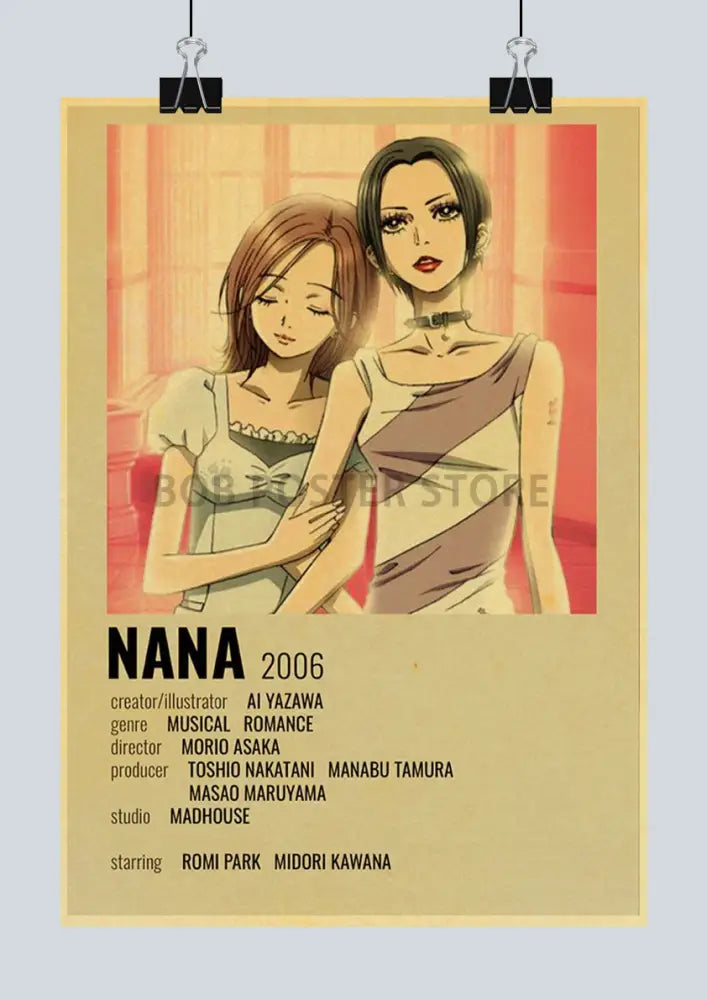 Vintage-style DecorBites™ nostalgic japan anime NANA poster featuring two anime women on a beige retro background