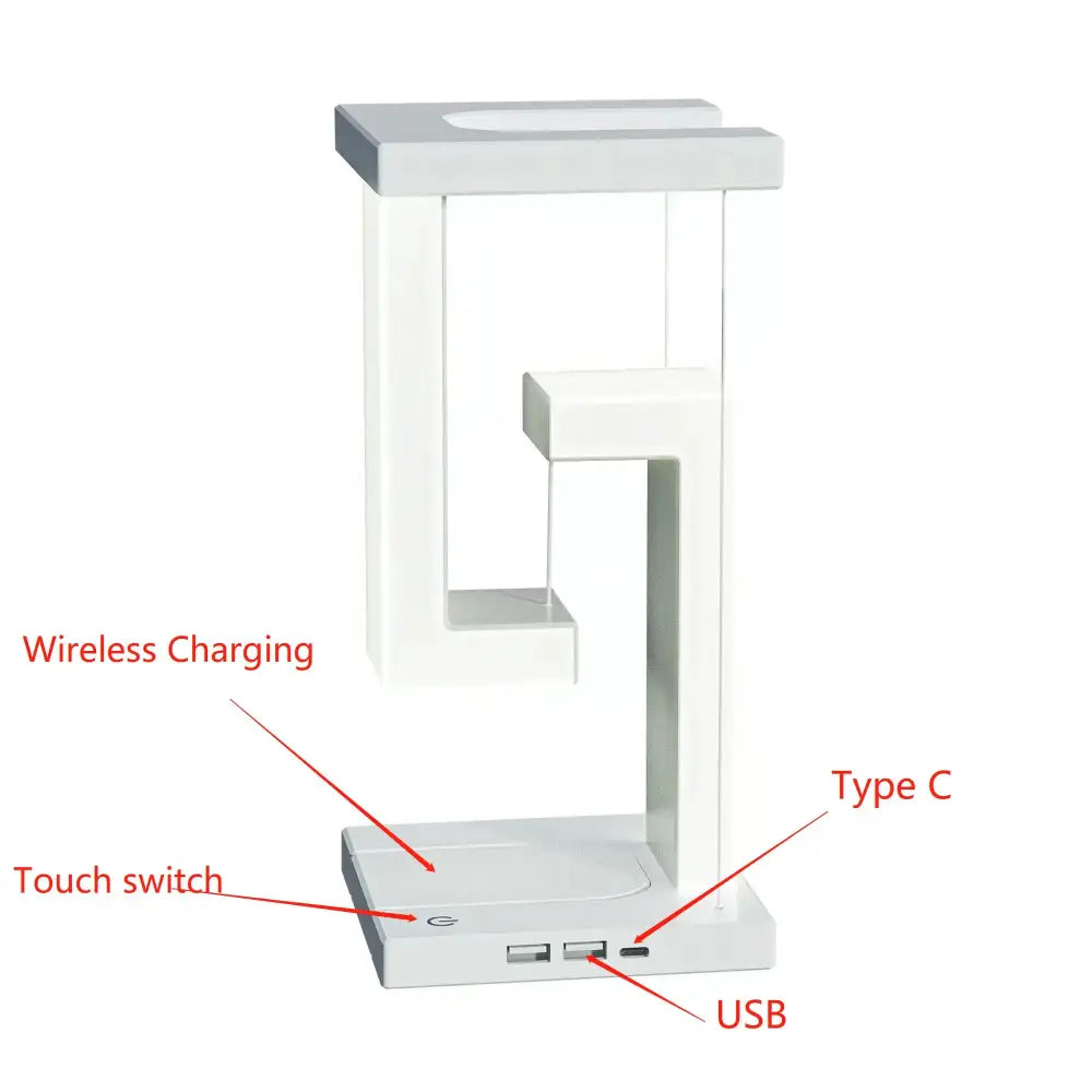 Modern white minimalist desk lamp with sleek geometric design and detachable wireless charger decorbites novelty floating lamp