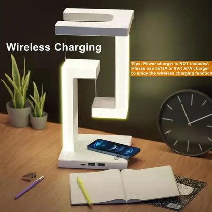 Modern white led desk lamp with sleek geometric design and detachable wireless charger for bedroom or office use