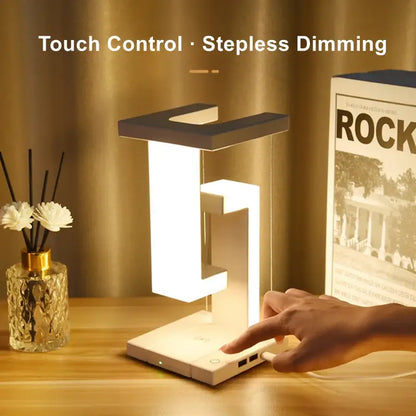 Modern white and black geometric desk lamp with touch control and detachable wireless charger for bedroom and office use