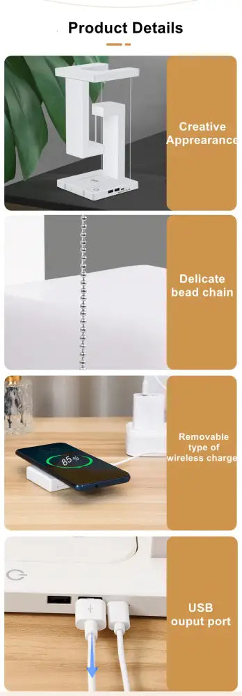 White minimalist novelty floating lamp with sleek geometric design and detachable 10 w wireless charger usb output port
