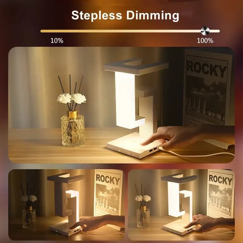 Modern geometric desk lamp with sleek white and gray design featuring stepless dimming and detachable wireless charger