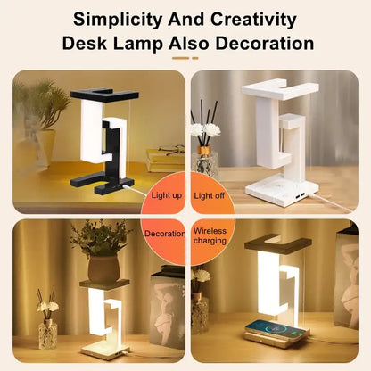Modern minimalist DecorBites™ novelty floating lamp with sleek white black design and detachable wireless charger for bedroom office