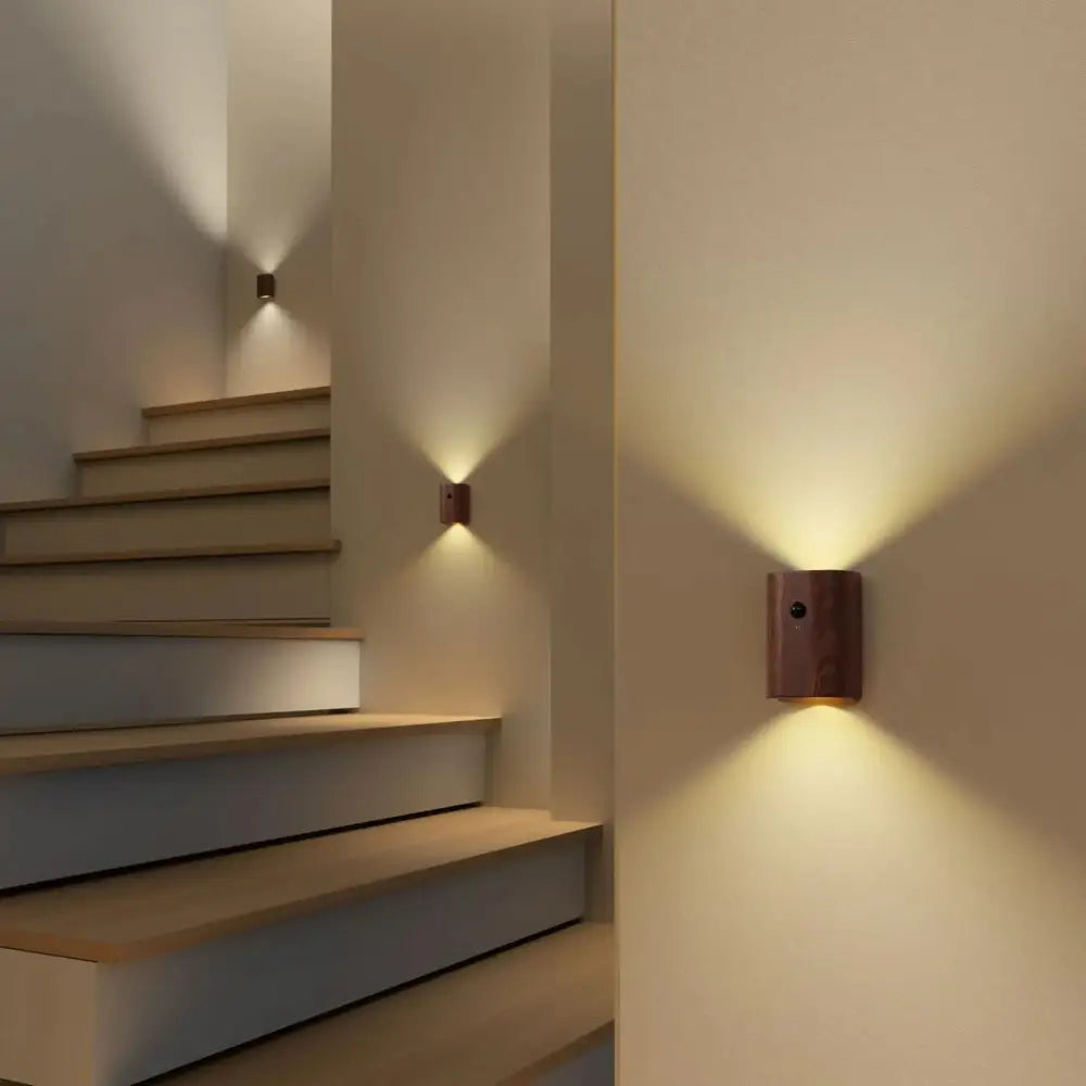 Warm-toned wooden decorbites™ odin battery operated wall sconce with sleek rectangular design and motion sensor feature