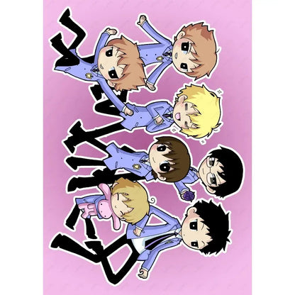 Chibi-style illustration of six anime characters in matching blue suits on a solid pink ouran high school host club poster
