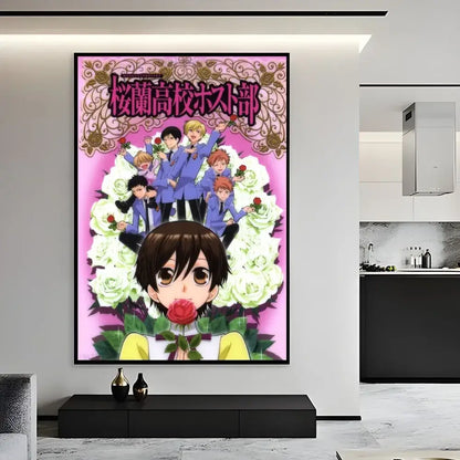 A framed decorbites™ ouran high school host club pink poster featuring characters in blue uniforms with white roses