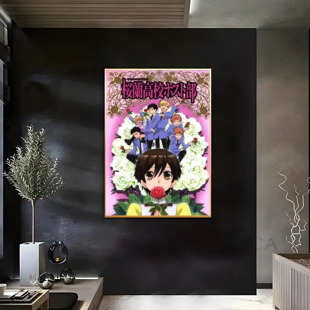 A framed anime poster of the ouran high school host club featuring characters in blue and yellow with pink ornate borders