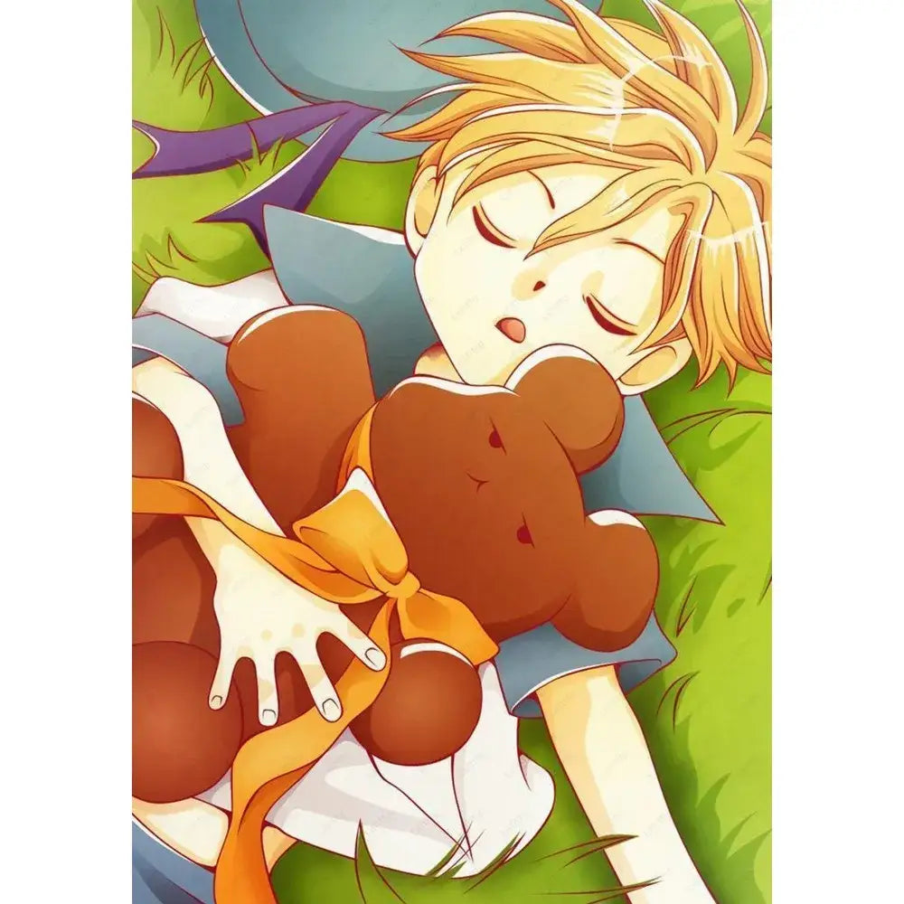 A plush brown teddy bear with an orange ribbon in a high school host club themed ouran high school pink poster by decorbites