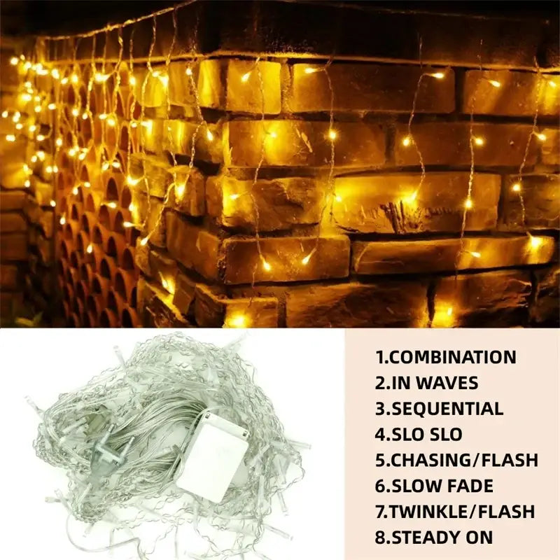 DecorBites™ outdoor christmas waterfall curtain string lights with warm yellow led bulbs and clear plastic design