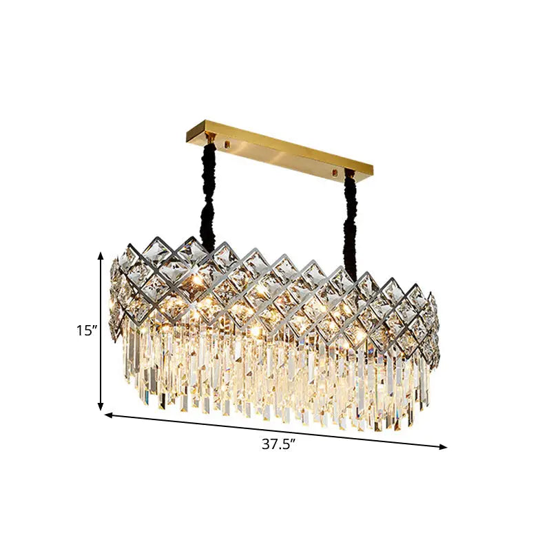 Elegant gold-toned DecorBites island light fixture with clear crystal prisms and teardrop accents, contemporary design