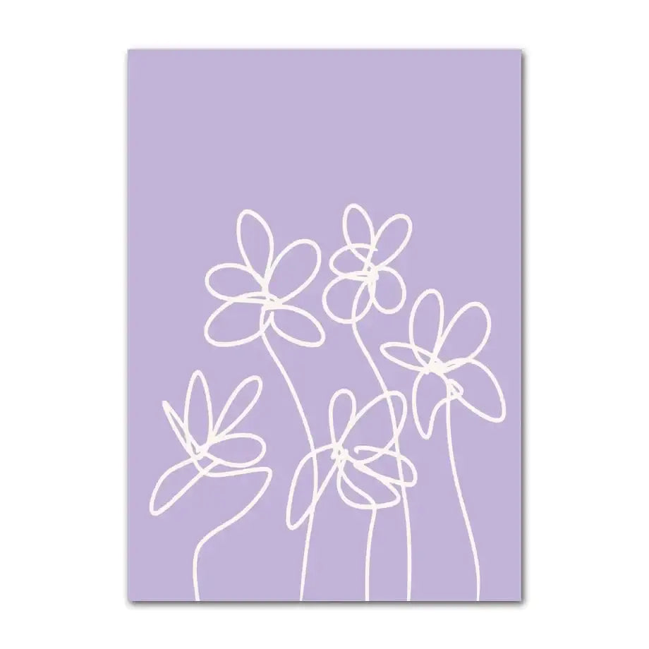 Lavender pastel checkered smiley flower wall art print on canvas featuring minimalist white line-drawn flowers