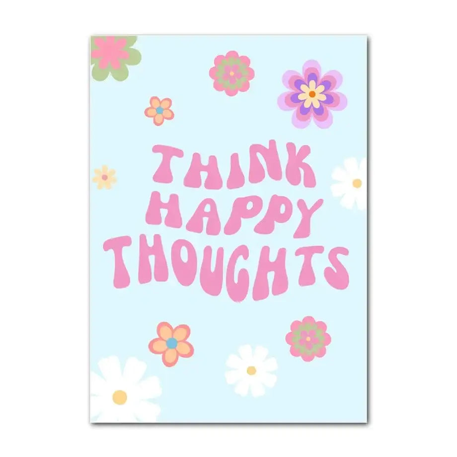 Decorbites™ pastel danish wall art print featuring think happy thoughts in pink with colorful cartoon flowers