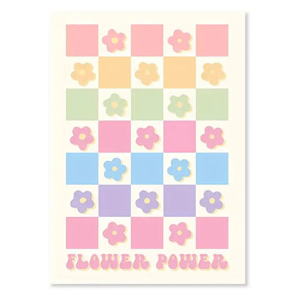 DecorBites™ pastel Danish wall art print with floral checkerboard pattern and purple checkered smiley flower power text