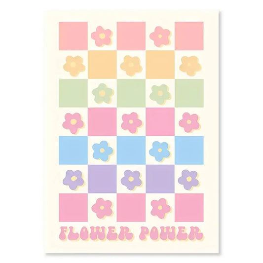 DecorBites™ pastel Danish wall art print with floral checkerboard pattern and purple checkered smiley flower power text