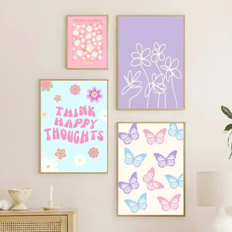 DecorBites™ pastel Danish flower wall art print with floral and butterfly designs in soft pink, lavender, and cream hues