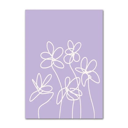 Lavender-colored canvas wall art featuring minimalist white line-drawn flowers in abstract danish pastel style by DecorBites™