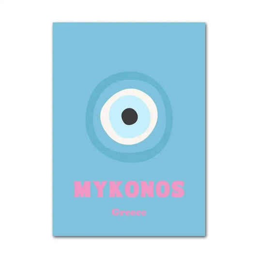 Light blue rectangular decorbites™ wall art with abstract danish pastel eye design and pink mykonos lettering