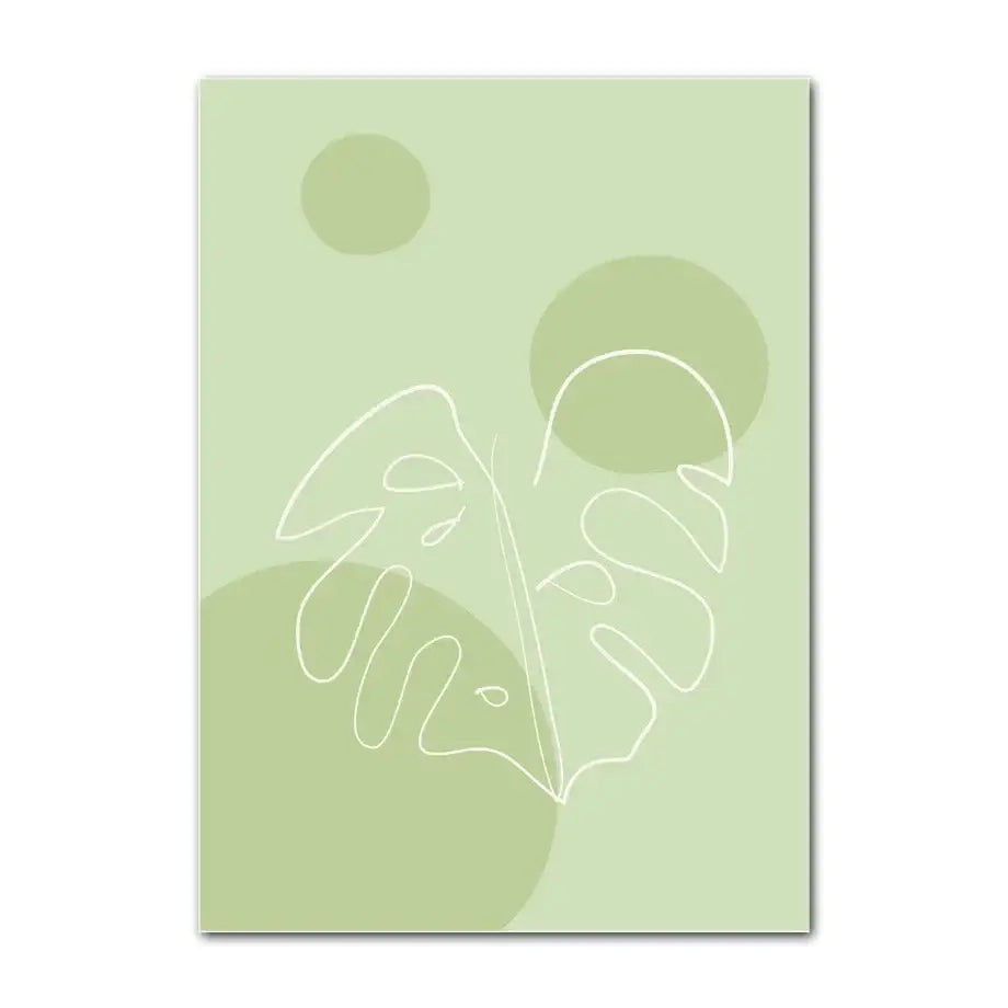 Decorbites™ pastel danish flower wall art print featuring minimalist white monstera leaf line drawing on sage green backgrounds