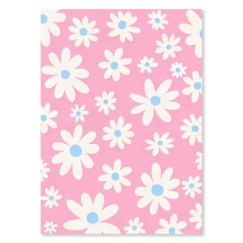 Decorbites pastel danish flower wall art print with pink floral notebook cover featuring white daisies and blue centers