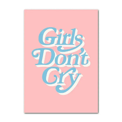 Pink rectangular canvas wall art featuring girls dont cry in light blue cursive with white outline from decorbites pastel danish flower print