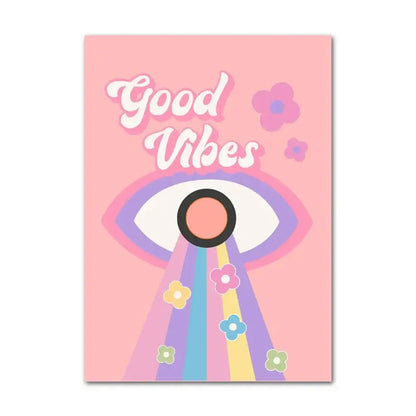 Pink rectangular decorbites™ pastel danish flower wall art print with stylized eye rainbow rays and good vibes text