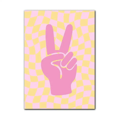 Decorbites pastel danish flower wall art poster featuring a pink peace sign hand graphic on a yellow and pink checkered background