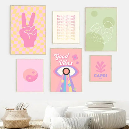 A set of six framed danish pastel wall art prints featuring vibrant pink yellow and green minimalist abstract danish pastel designs
