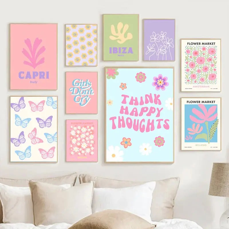 A collection of pastel danish wall art prints with smiley flower purple tones featuring floral butterfly and travel themes