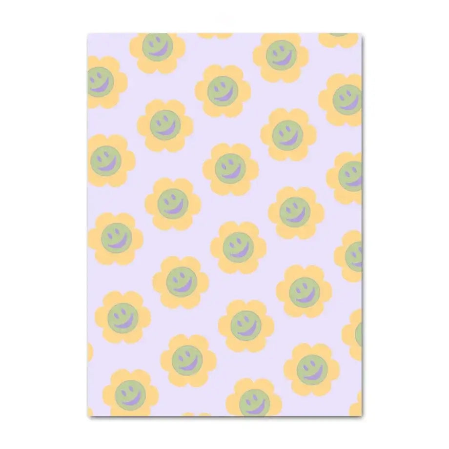 DecorBites™ pastel danish wall art features a pastel lavender notepad with a smiley flower pattern