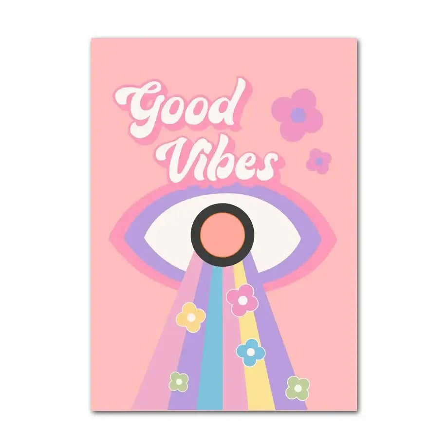 Pink rectangular canvas wall art featuring a rainbow eye and pastel smiley flower with white cursive good vibes text