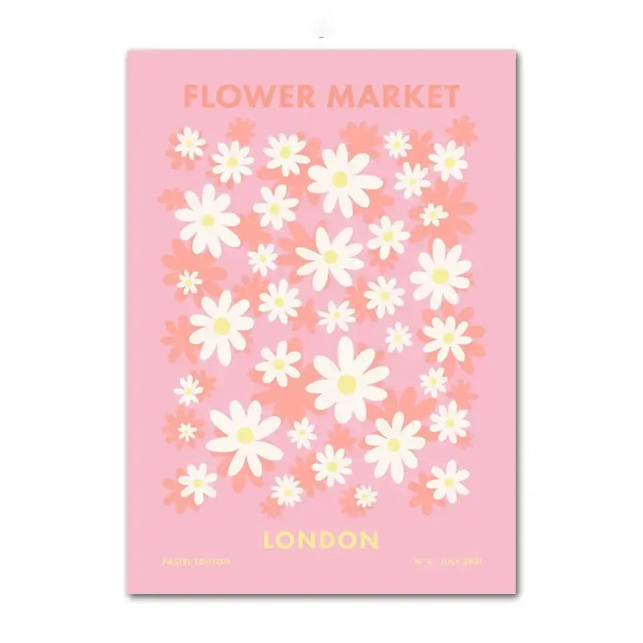 Decorbites™ pastel danish wall art featuring pink flower market cover with white daisies and gold london text