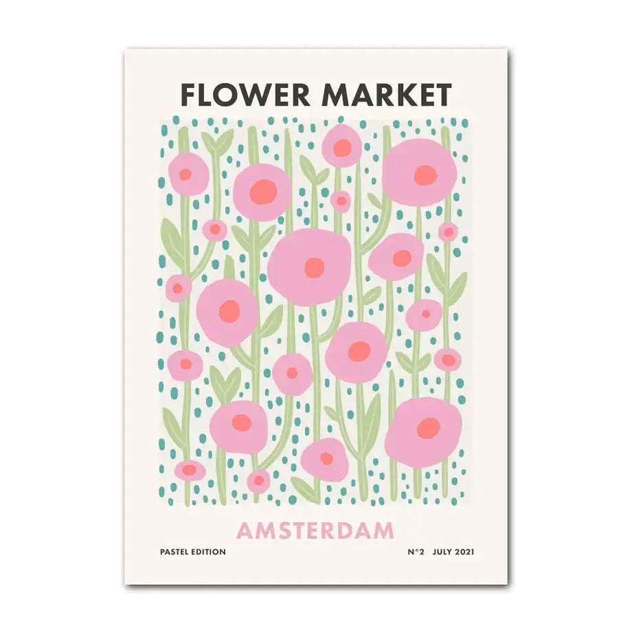 Decorbites™ pastel danish wall art featuring a pastel pink and teal smiley flower floral poster titled flower market amsterdam