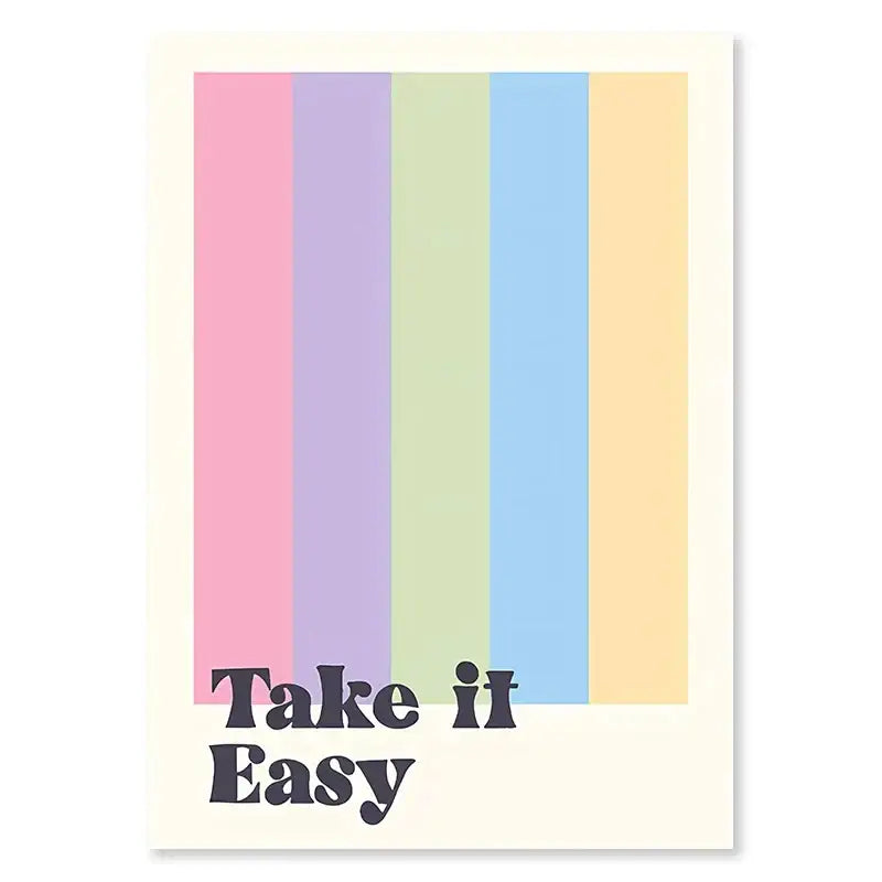 Pastel danish wall art by decorbites featuring purple smiley flower and take it easy text with rainbow stripes