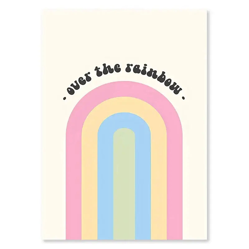 DecorBites™ pastel Danish wall art with pastel rainbow and smiley flower featuring over the rainbow cursive script