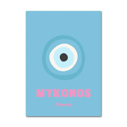 Light blue rectangular wall art poster with pastel purple abstract single eye design and pink mykonos lettering by DecorBites