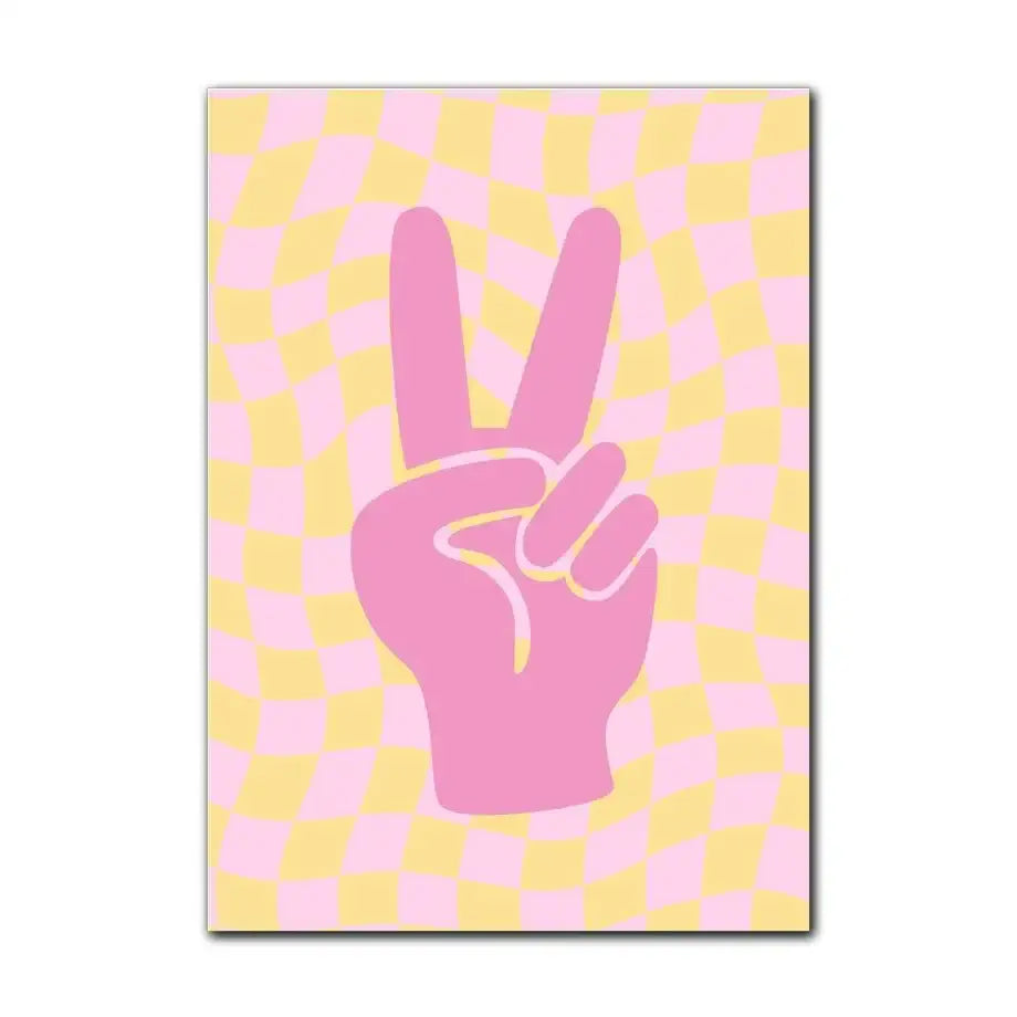 Decorbites™ pastel purple abstract wall art print featuring a pink peace sign on a pastel yellow and pink checkered background