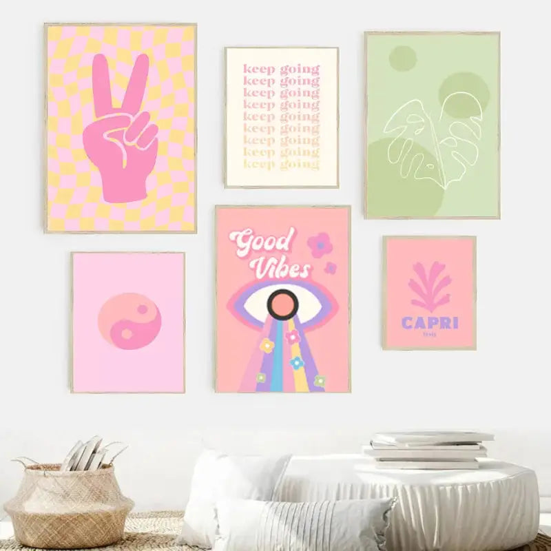 A set of six framed wall art posters with pastel purple abstract designs and motivational phrases in minimalist style