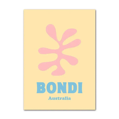 Pastel yellow rectangular wall art poster featuring a pink abstract flower and bold blue bondi australia text by decorbites