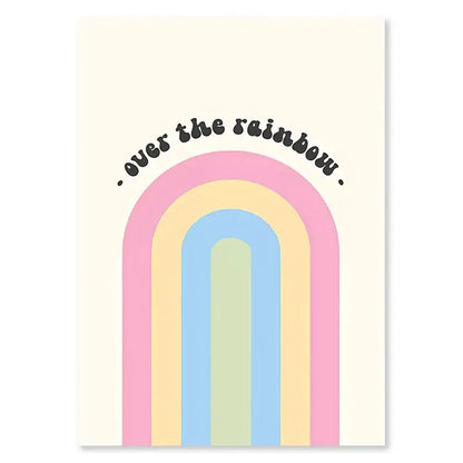 DecorBites™ pastel purple smiley flower canvas wall art with pastel rainbow print and over the rainbow cursive script