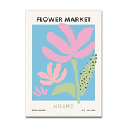 Pastel smile flower wall art featuring stylized pink and peach blossoms on a light blue flower canvas by decorbites™