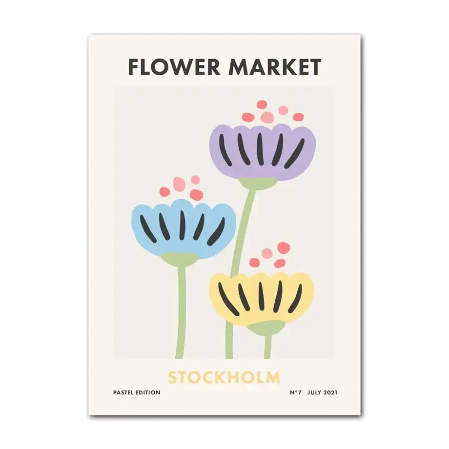 Decorbites™ pastel smiley flower canvas art print featuring stylized purple blue and yellow danish pastel flowers