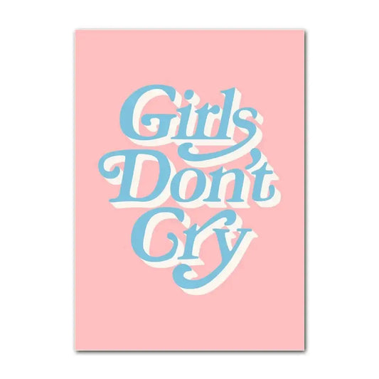 Pink rectangular canvas art print with girls don’t cry in light blue cursive featuring danish pastel smiley flower design