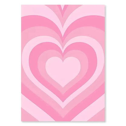 Rectangular pastel smiley flower canvas wall art with concentric pink hearts in a soft gradient by decorbites