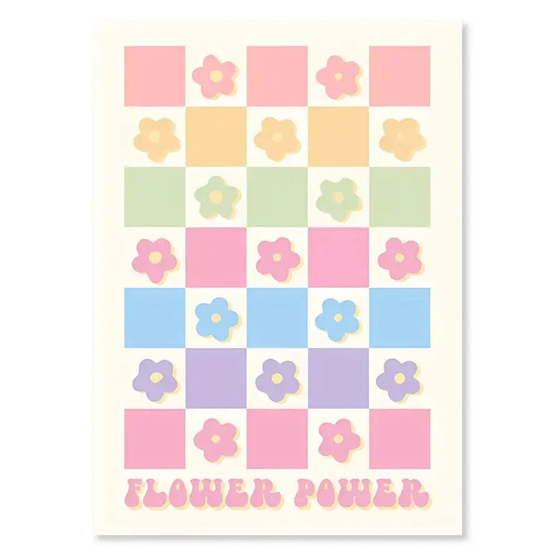 Decorbites™ pastel smiley flower wall art featuring floral checkerboard design with flower power text for home decor