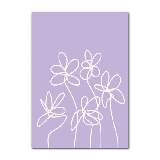 Lavender-colored canvas wall art poster featuring minimalist white smiley flower line drawings by decorbites for home